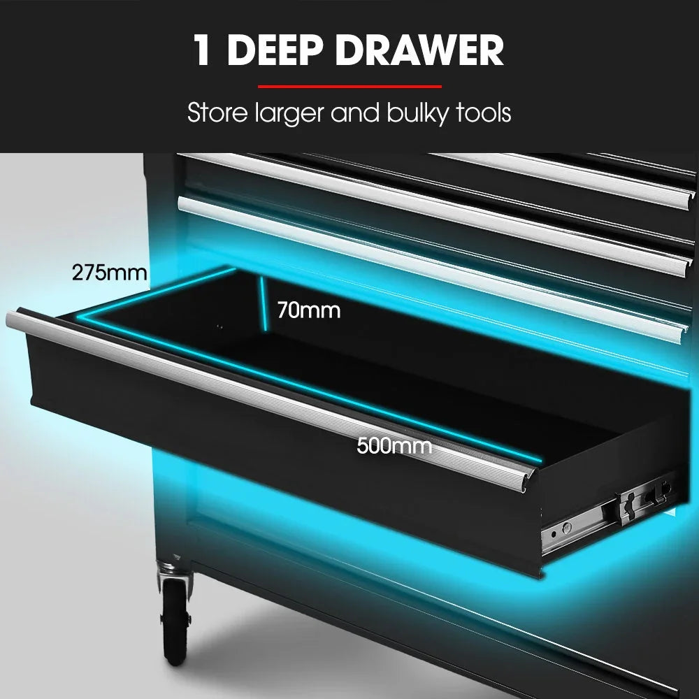 7 Drawer Tool Box Cabinet Trolley Storage, Toolbox Garage Organiser Set, Black