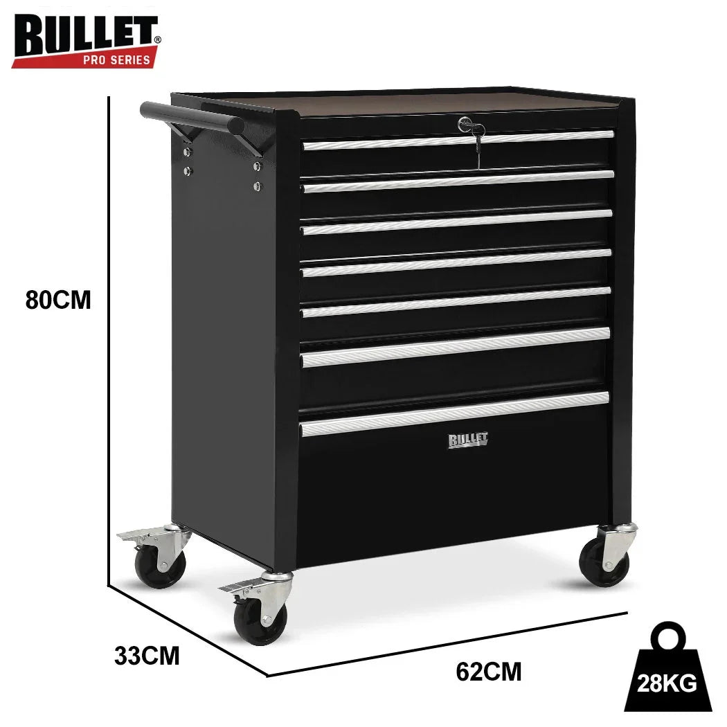 7 Drawer Tool Box Cabinet Trolley Storage, Toolbox Garage Organiser Set, Black