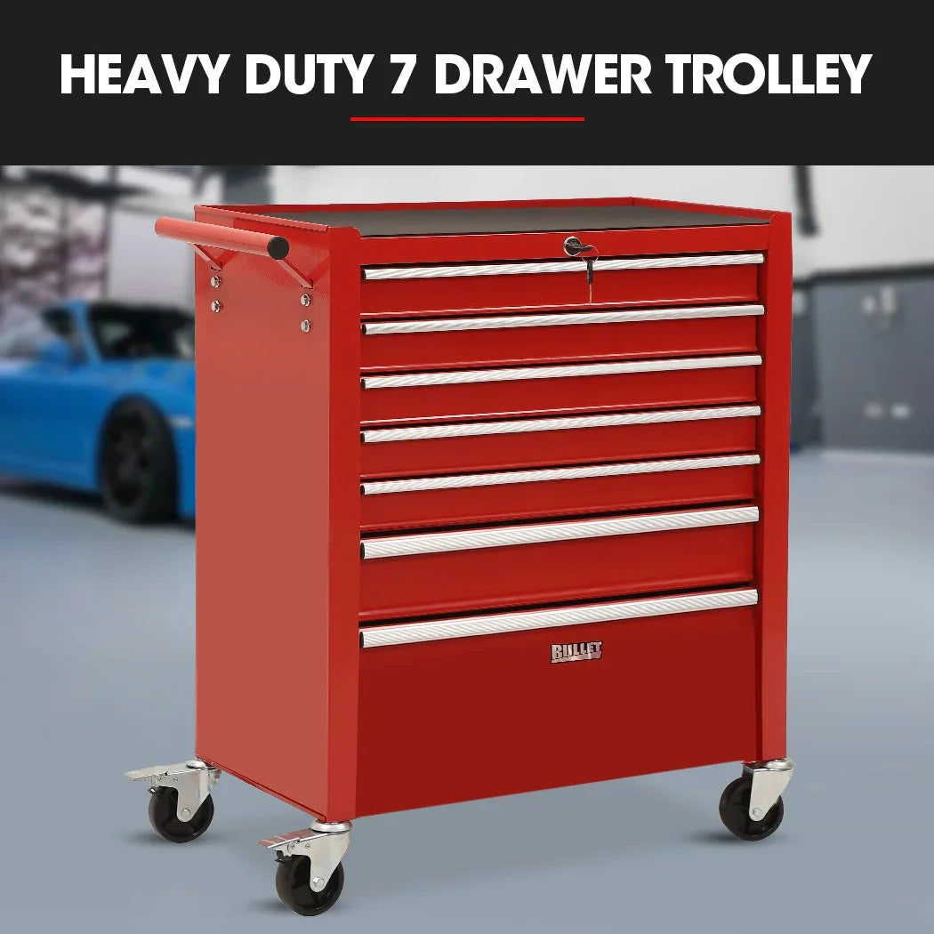 7 Drawer Tool Box Cabinet Trolley Storage, Toolbox Garage Organiser Set, Red