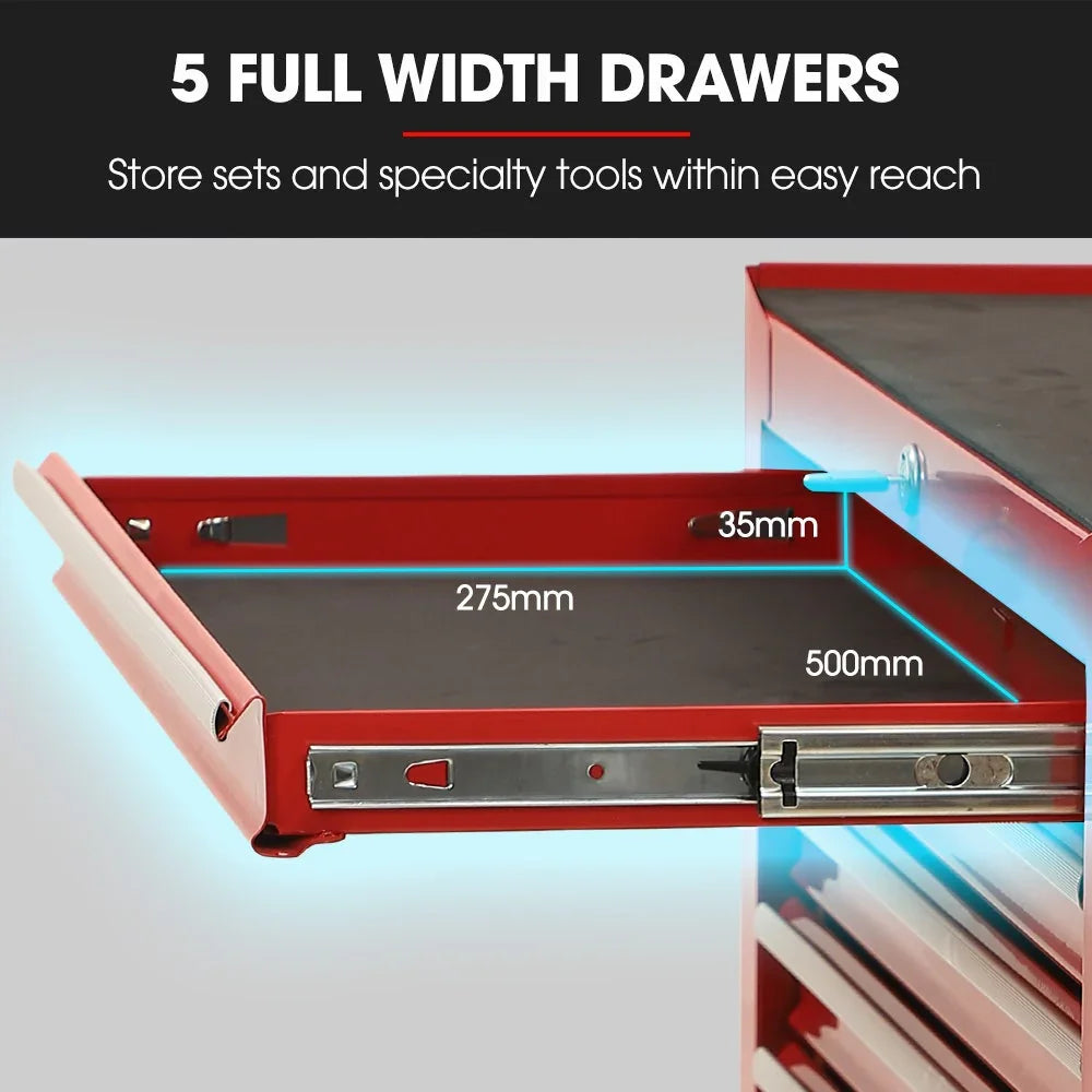 7 Drawer Tool Box Cabinet Trolley Storage, Toolbox Garage Organiser Set, Red