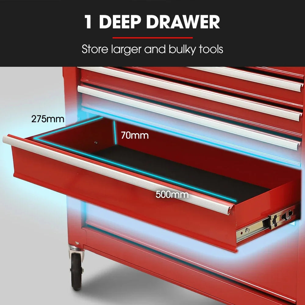 7 Drawer Tool Box Cabinet Trolley Storage, Toolbox Garage Organiser Set, Red