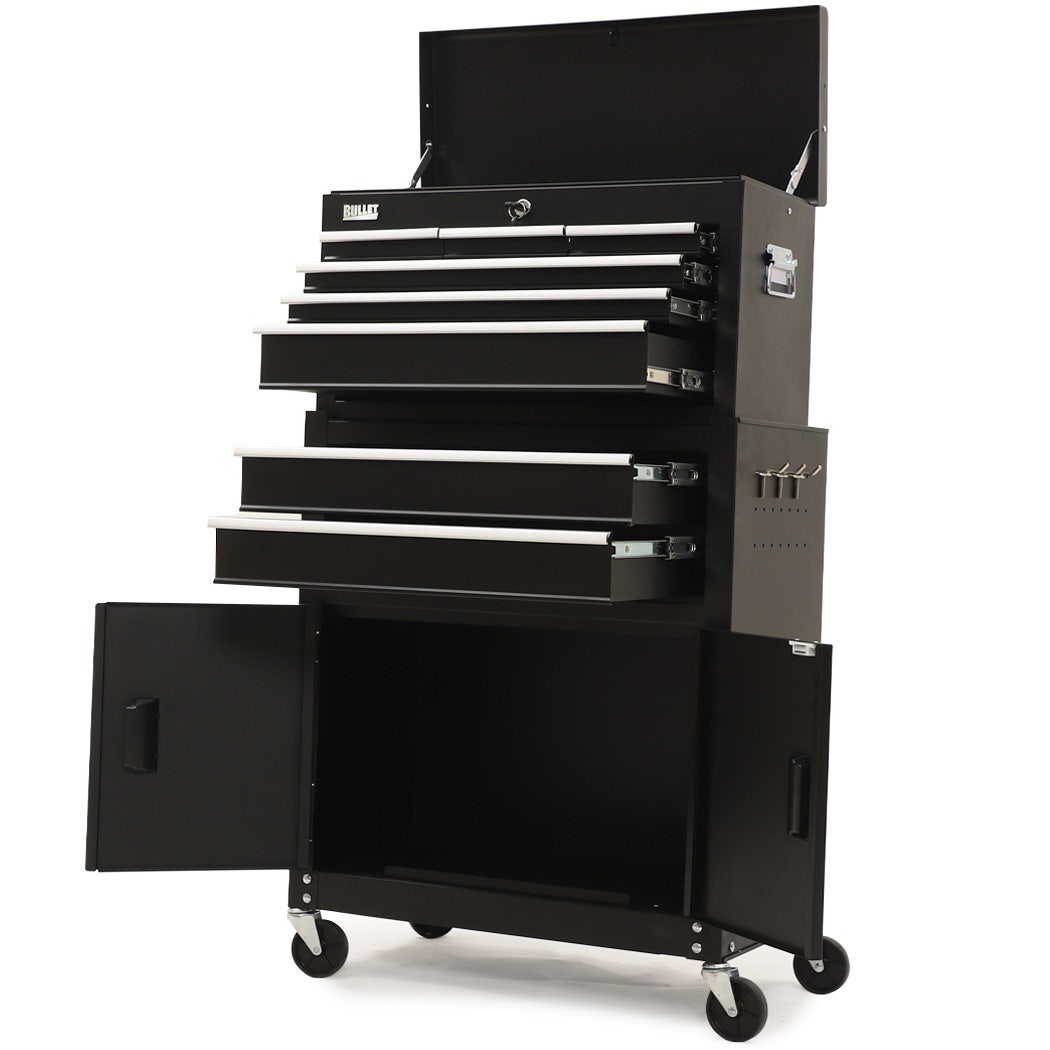 8 Drawer Tool Box Chest Cabinet Storage, with 2-Door Toolbox Garage Organiser Set, Black