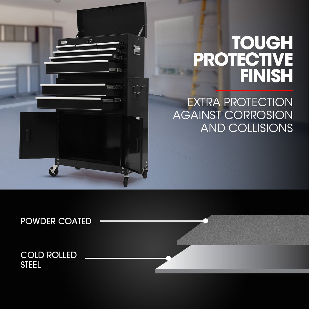 8 Drawer Tool Box Chest Cabinet Storage, with 2-Door Toolbox Garage Organiser Set, Black