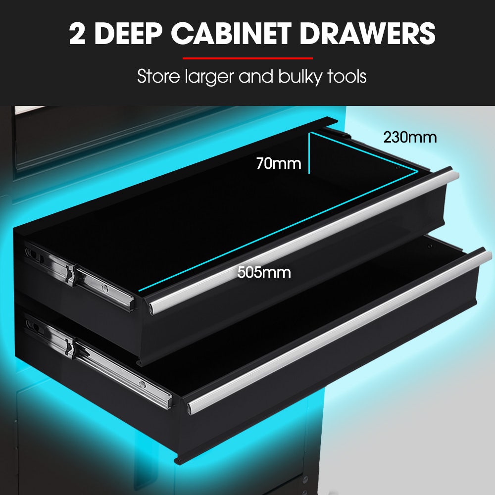8 Drawer Tool Box Chest Cabinet Storage, with 2-Door Toolbox Garage Organiser Set, Black