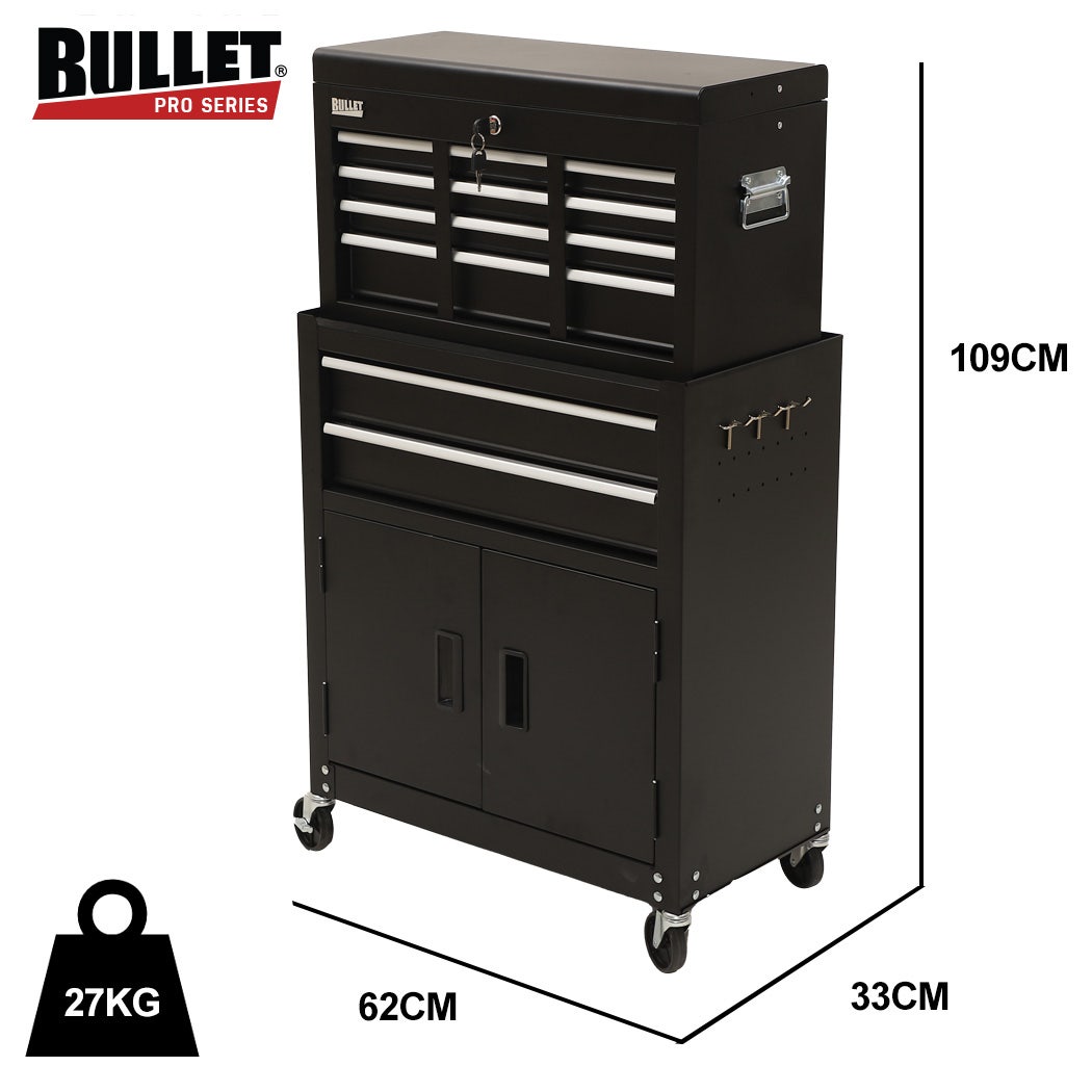 8 Drawer Tool Box Chest Cabinet Storage, with 2-Door Toolbox Garage Organiser Set, Black