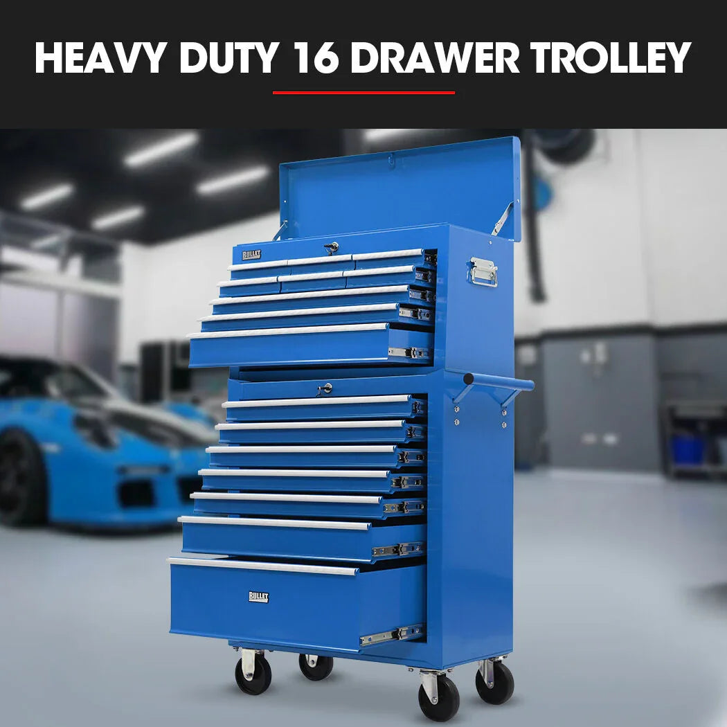 BULLET 16 Drawer Tool Box Cabinet Chest Storage, Toolbox Garage Organiser Set, Blue
