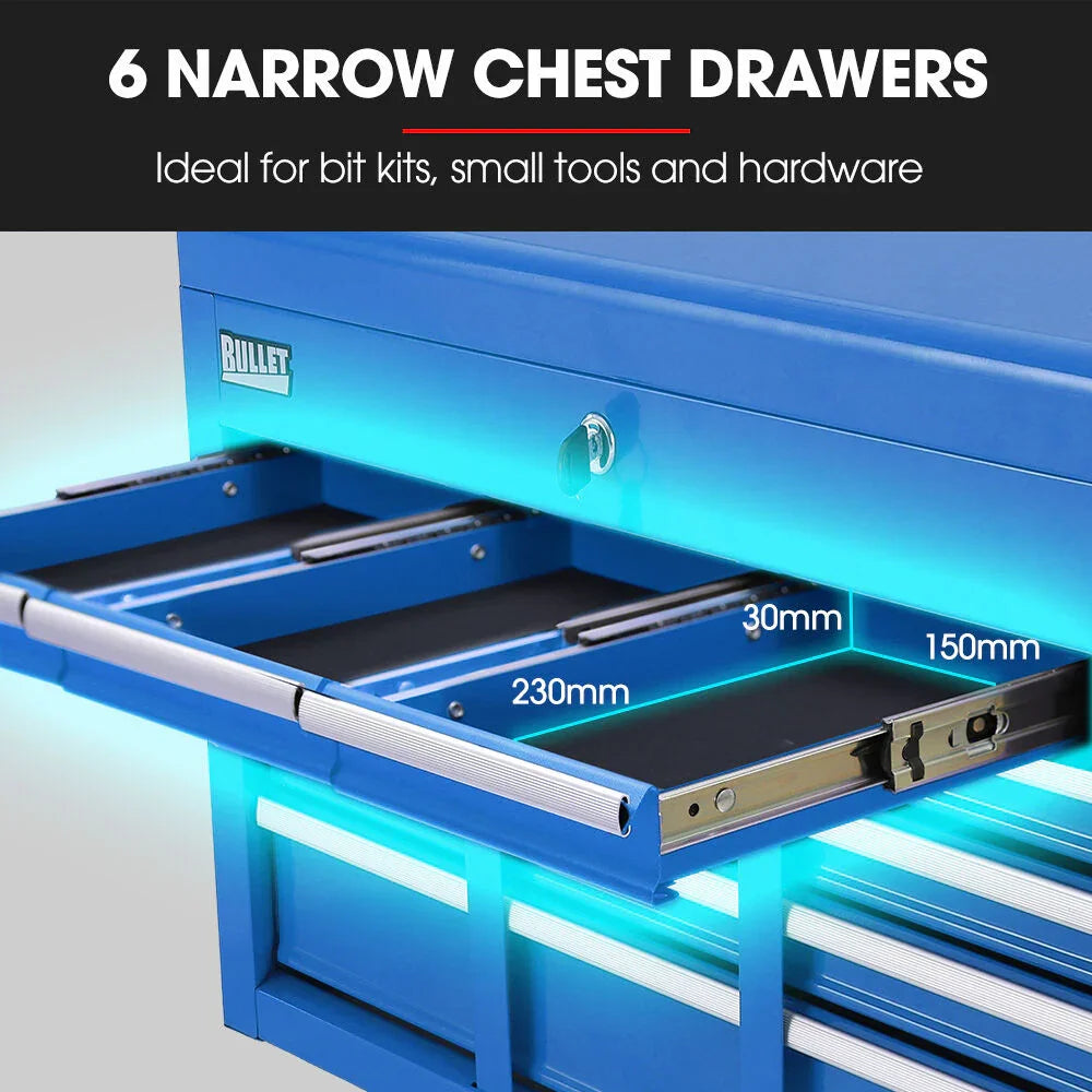 BULLET 16 Drawer Tool Box Cabinet Chest Storage, Toolbox Garage Organiser Set, Blue