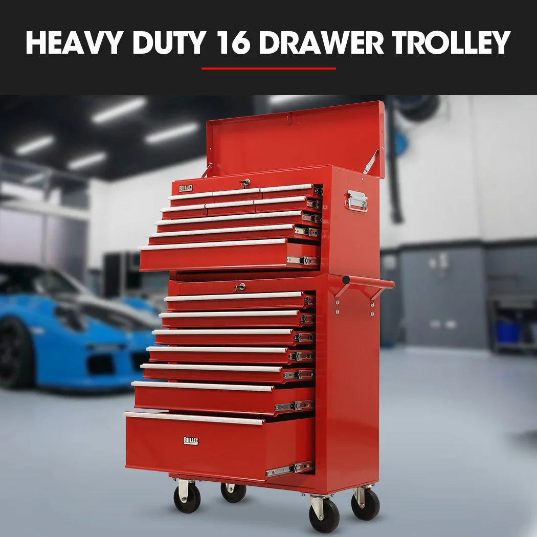 16 Drawer Tool Box Cabinet Chest Storage, Toolbox Garage Organiser Set, Red