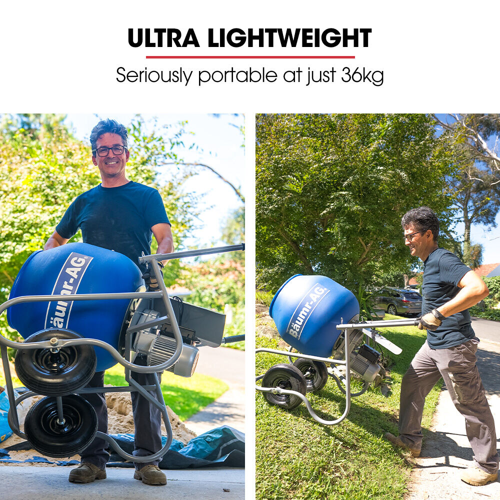 100L Portable Poly Drum Cement Concrete Mixer, Ultra-Light 36kg, 16 Inch Tyres, Electric Direct Drive Motor