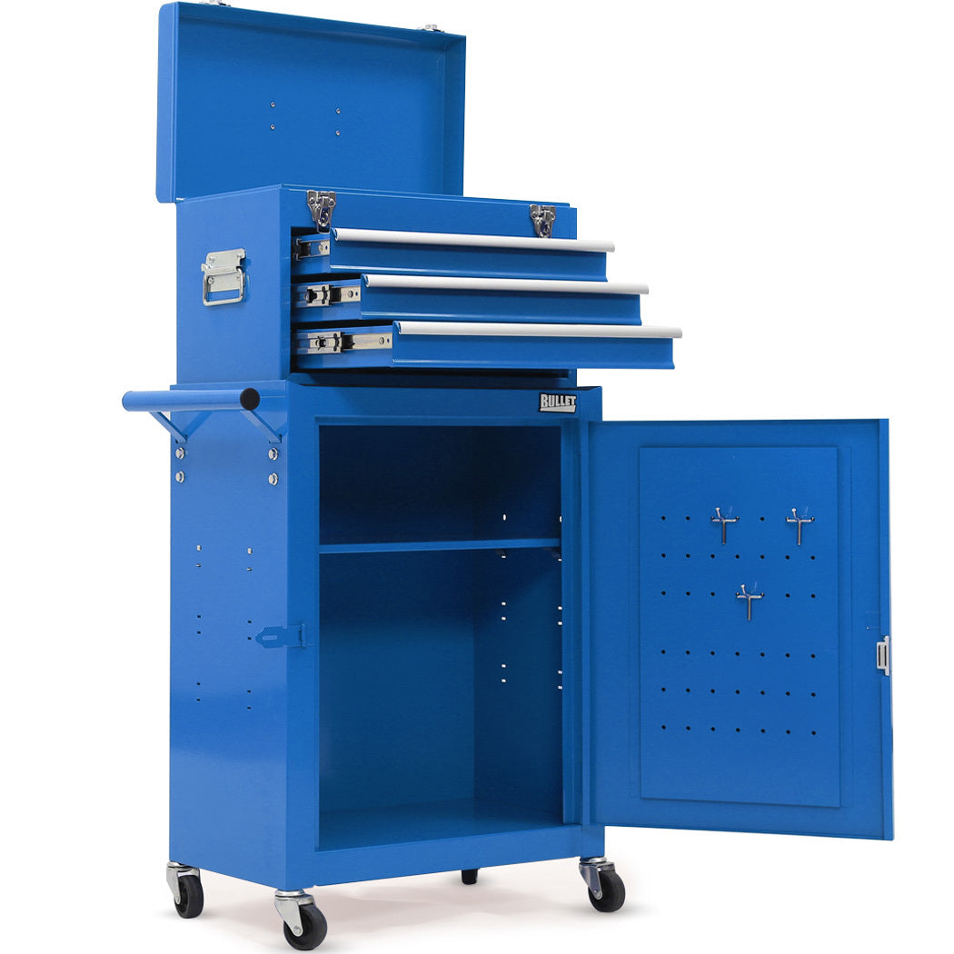 3 Drawer Tool Box Cabinet Trolley Storage, with 1-Door Toolbox Garage Organiser Set, Blue