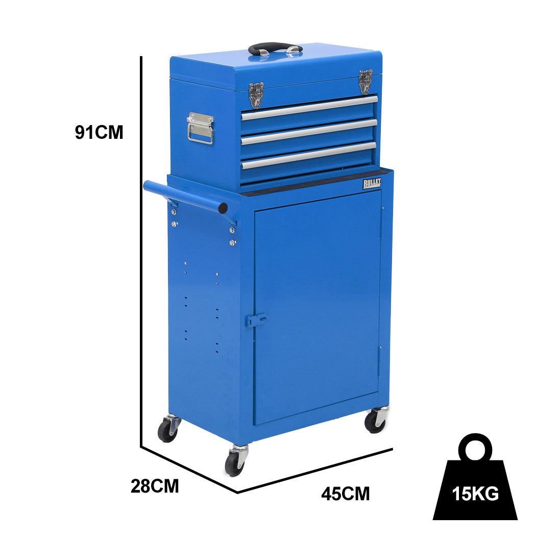 3 Drawer Tool Box Cabinet Trolley Storage, with 1-Door Toolbox Garage Organiser Set, Blue