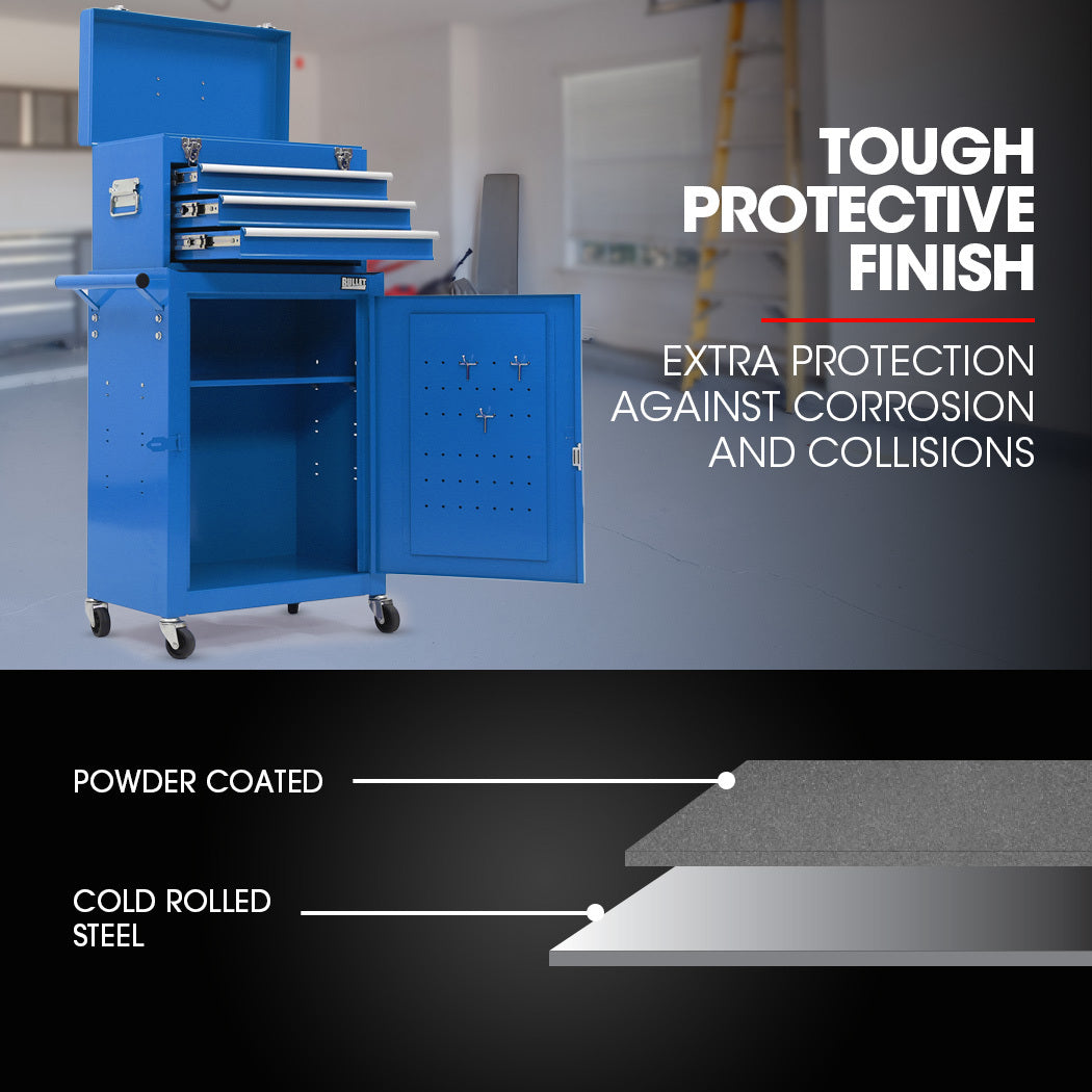 3 Drawer Tool Box Cabinet Trolley Storage, with 1-Door Toolbox Garage Organiser Set, Blue