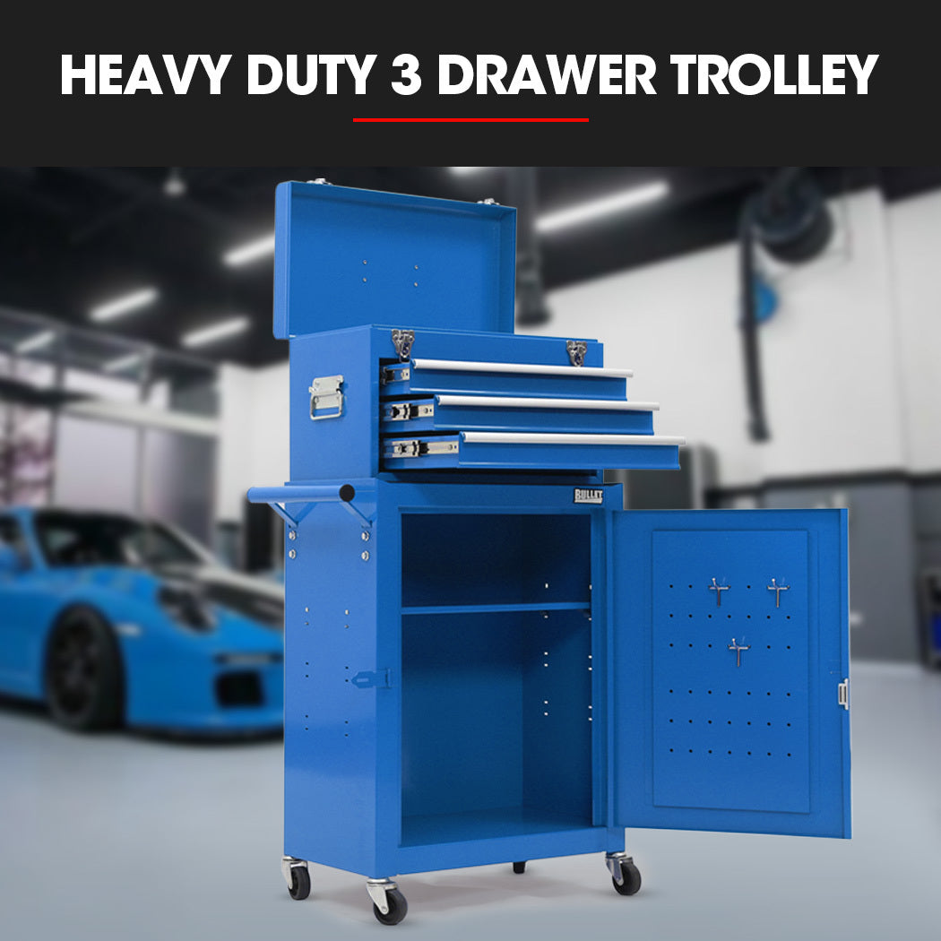 3 Drawer Tool Box Cabinet Trolley Storage, with 1-Door Toolbox Garage Organiser Set, Blue