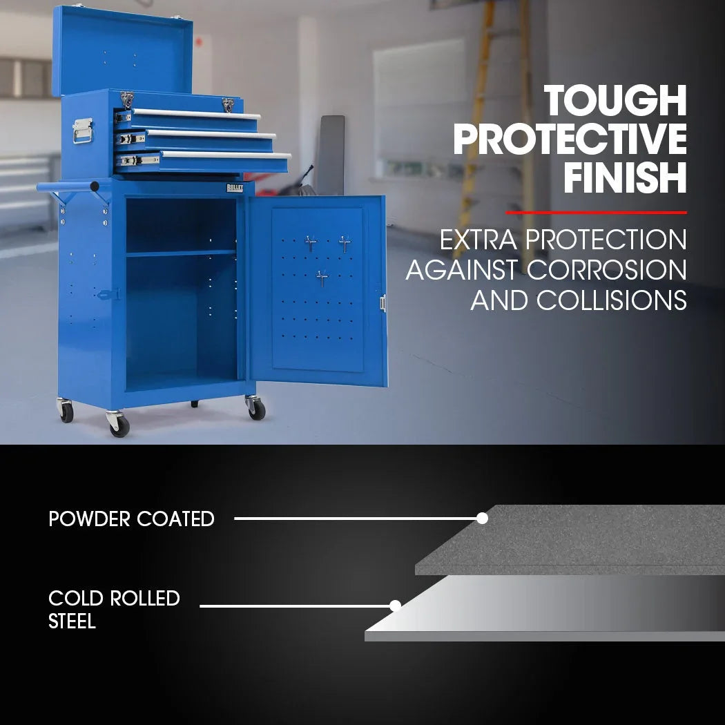 3 Drawer Tool Box Cabinet Trolley Storage, with 1-Door Toolbox Garage Organiser Set, Blue