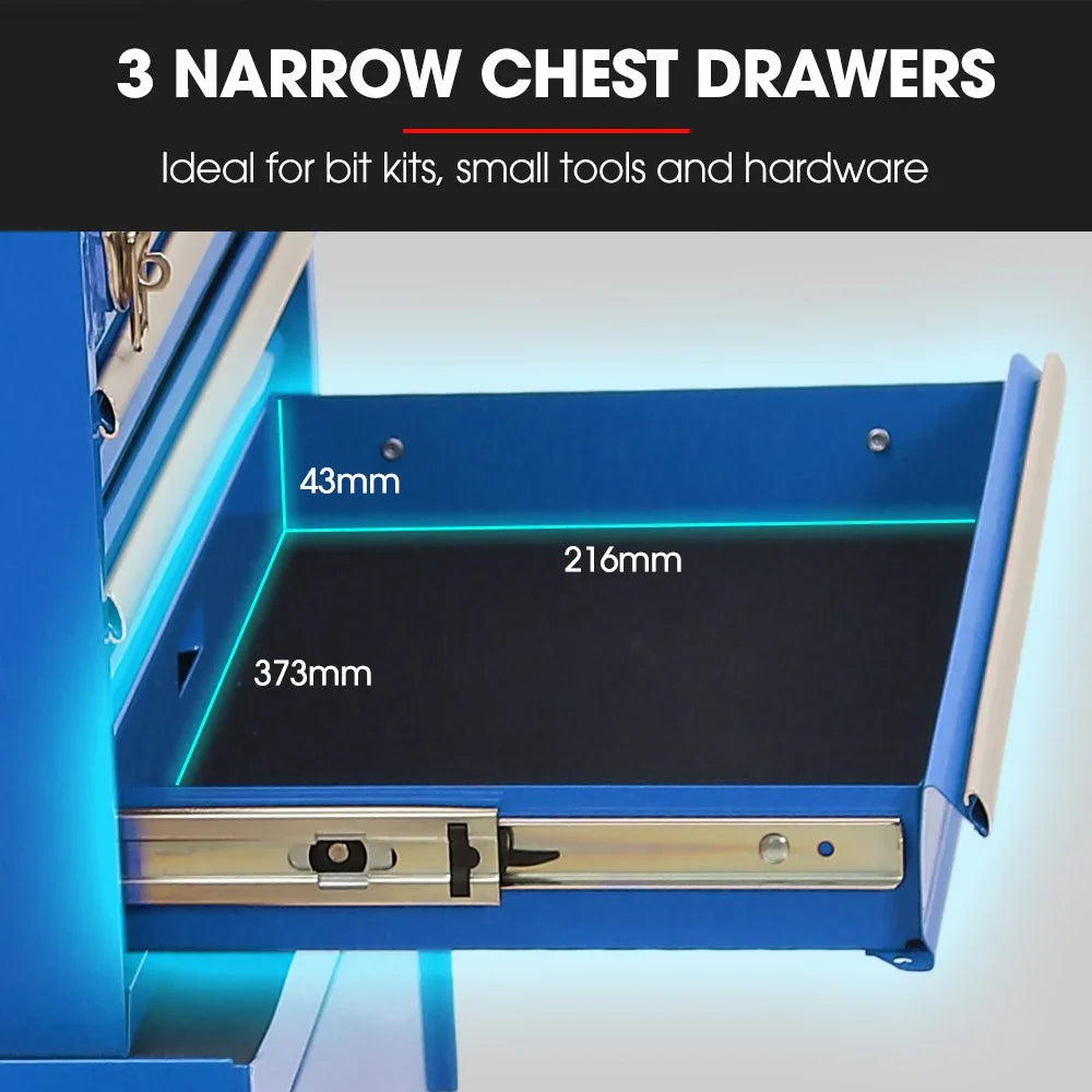 3 Drawer Tool Box Cabinet Trolley Storage, with 1-Door Toolbox Garage Organiser Set, Blue
