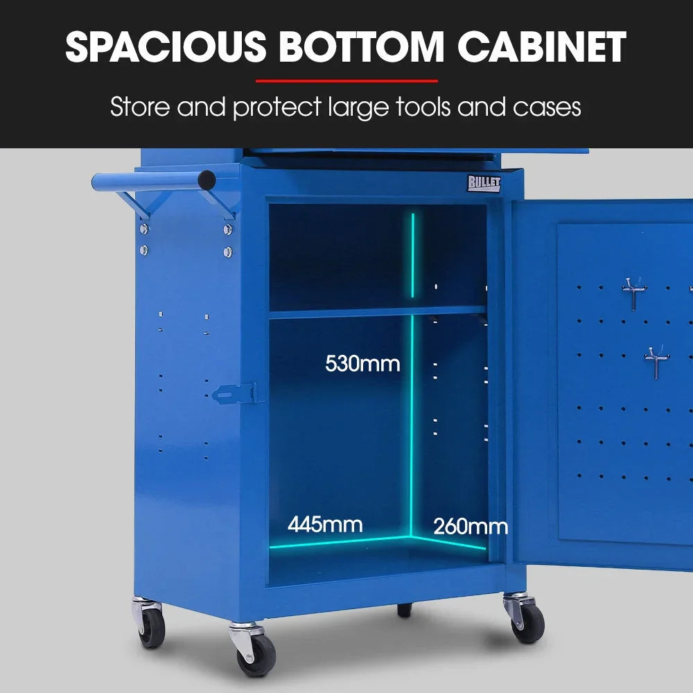 3 Drawer Tool Box Cabinet Trolley Storage, with 1-Door Toolbox Garage Organiser Set, Blue