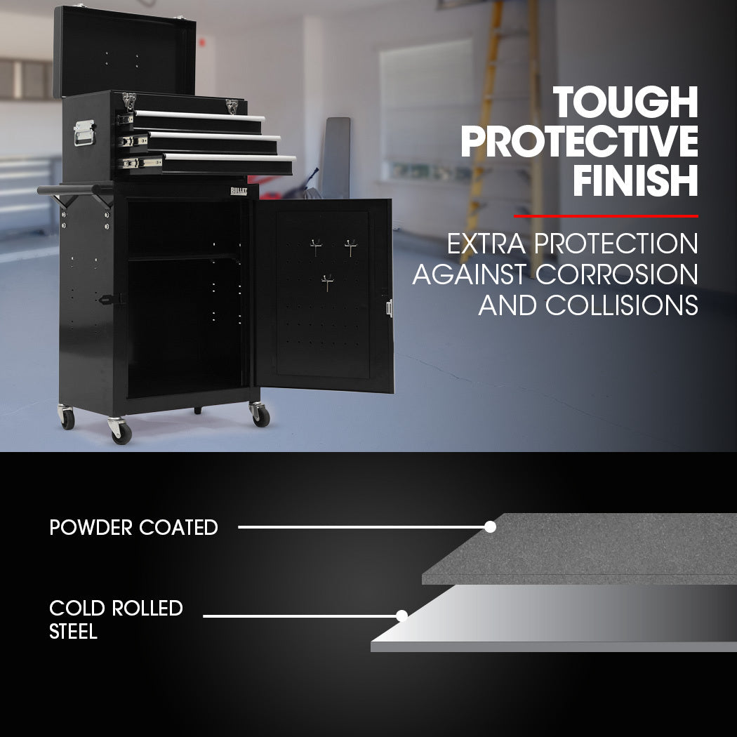 3 Drawer Tool Box Cabinet Trolley Storage, with 1-Door Toolbox Garage Organiser Set, Black