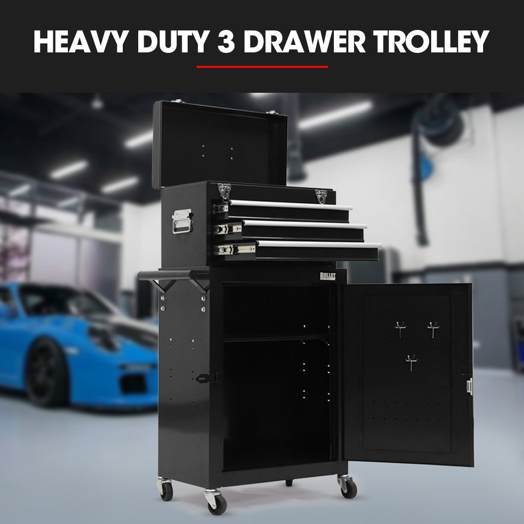 3 Drawer Tool Box Cabinet Trolley Storage, with 1-Door Toolbox Garage Organiser Set, Black