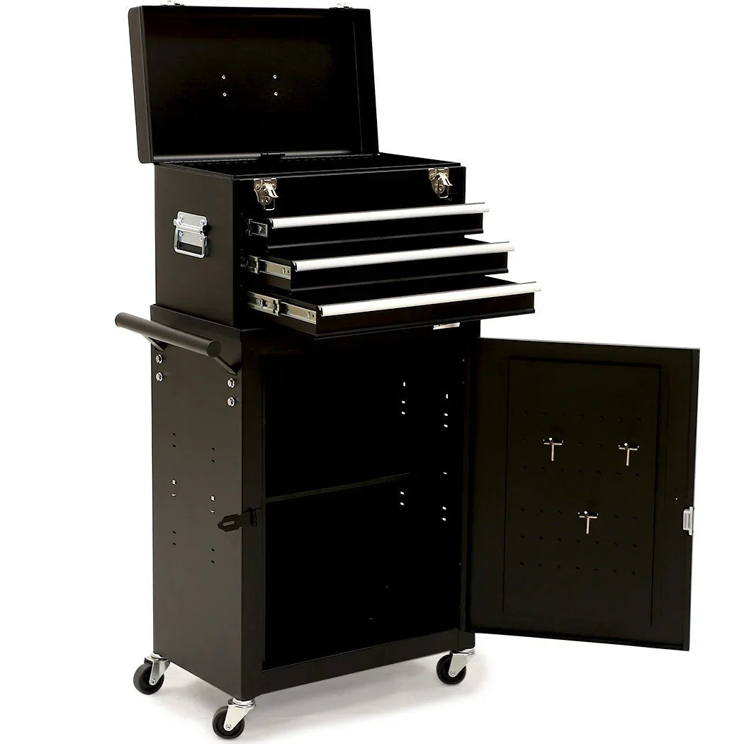 3 Drawer Tool Box Cabinet Trolley Storage, with 1-Door Toolbox Garage Organiser Set, Black
