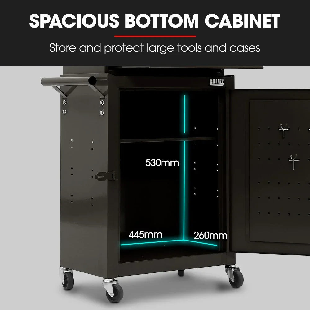 3 Drawer Tool Box Cabinet Trolley Storage, with 1-Door Toolbox Garage Organiser Set, Black