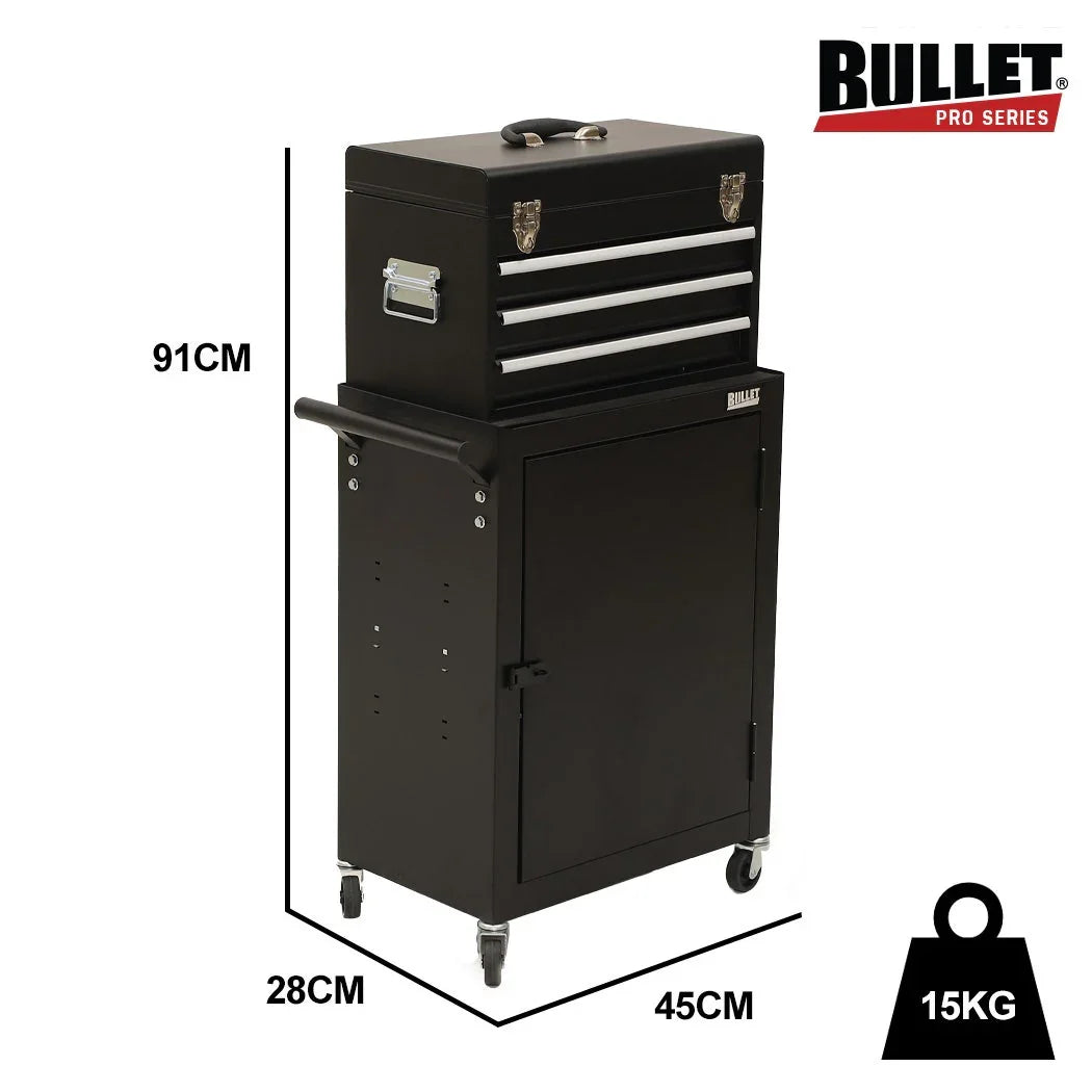 3 Drawer Tool Box Cabinet Trolley Storage, with 1-Door Toolbox Garage Organiser Set, Black