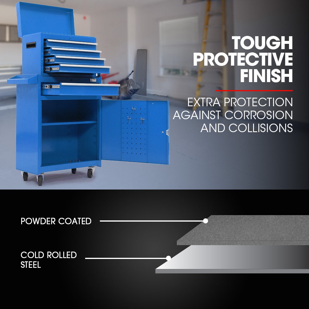 5 Drawer Tool Box Cabinet Chest Storage, with 1-Door Toolbox Garage Organiser Set, Blue