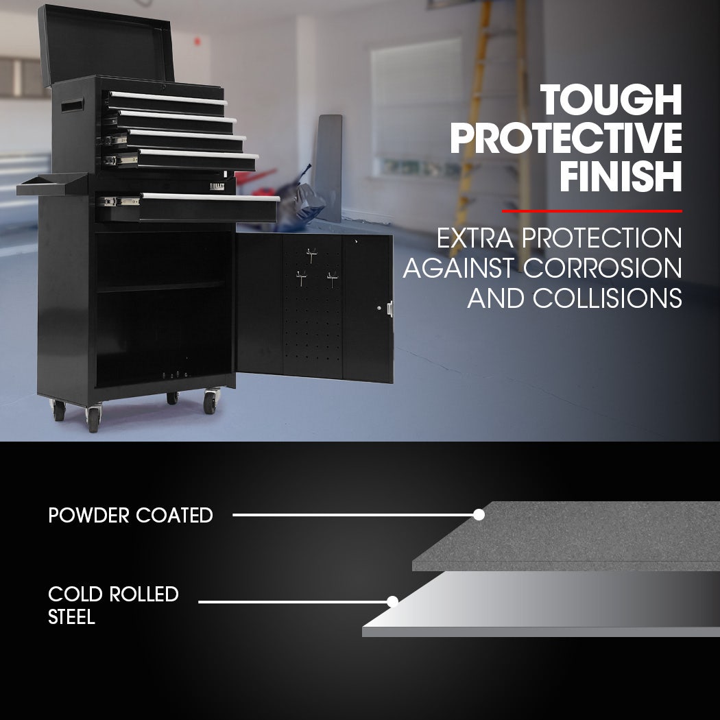 5 Drawer Tool Box Cabinet Chest Storage, with 1-Door Toolbox Garage Organiser Set, Black