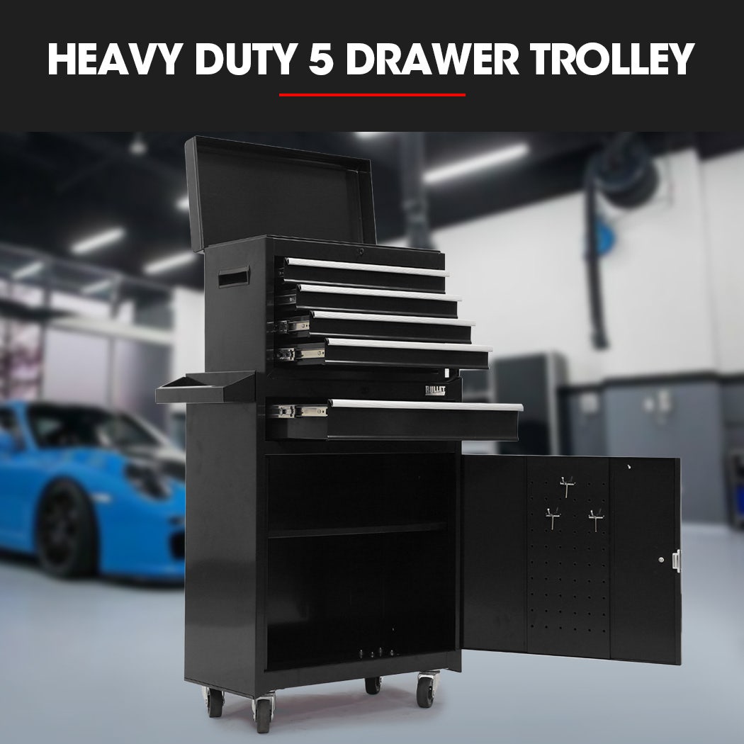 5 Drawer Tool Box Cabinet Chest Storage, with 1-Door Toolbox Garage Organiser Set, Black