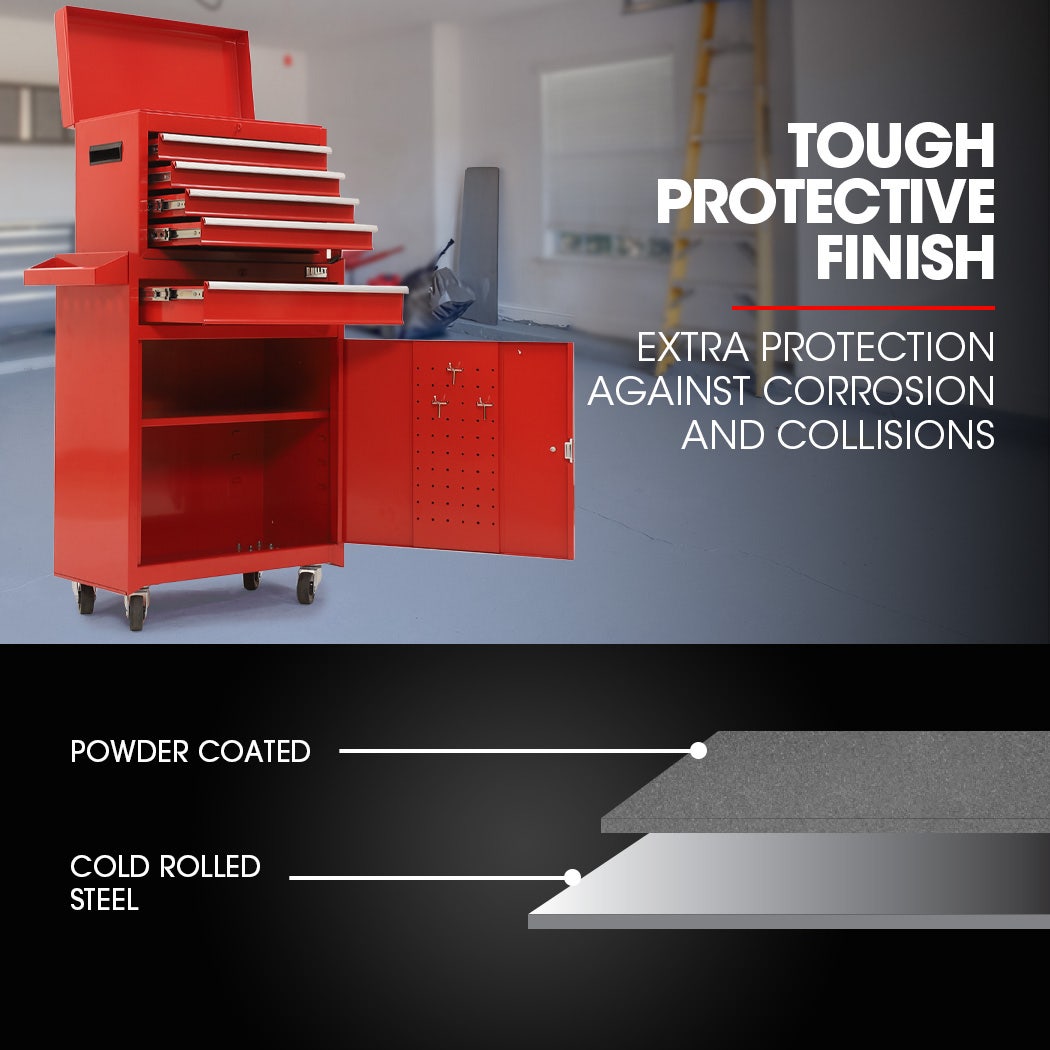 5 Drawer Tool Box Cabinet Chest Storage, with 1-Door Toolbox Garage Organiser Set, Red