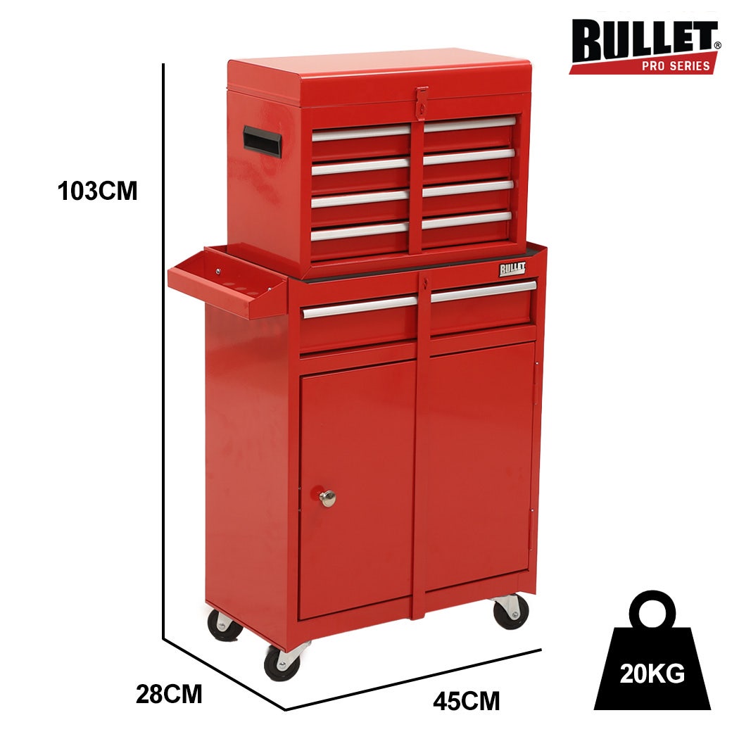 5 Drawer Tool Box Cabinet Chest Storage, with 1-Door Toolbox Garage Organiser Set, Red