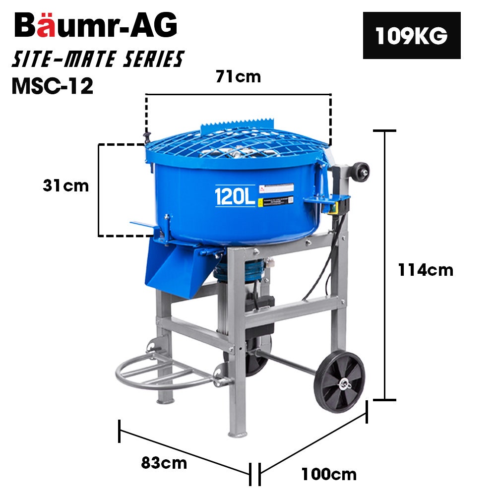 120L Forced Action Pan Mixer, 1500W Electric Direct Drive Motor, Heavy-Duty Frame, for Mortar Screed Resin Cement, 10 Inch Solid Rubber Wheels