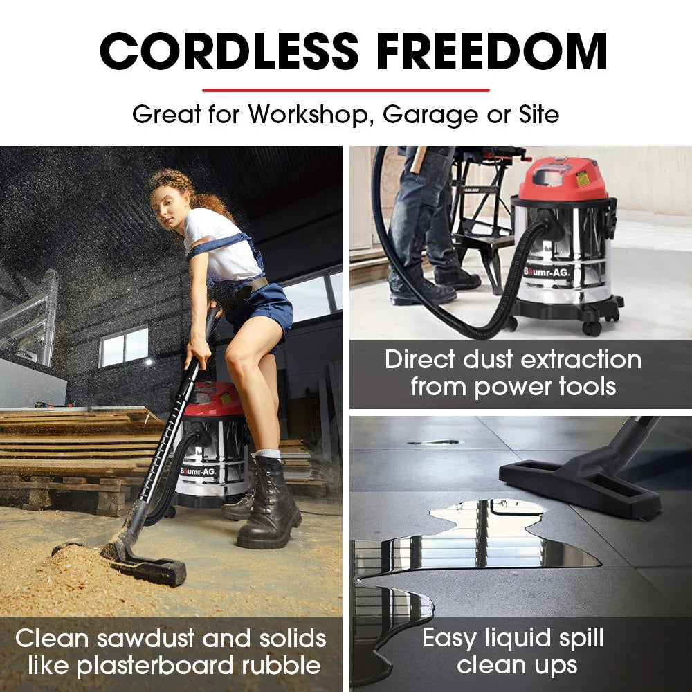 20L Cordless Wet & Dry Vacuum Cleaner Kit, with 4Ah battery and Charger, Blower, HEPA Filter, Accessories, Stainless Steel, for Car, Home, Garage
