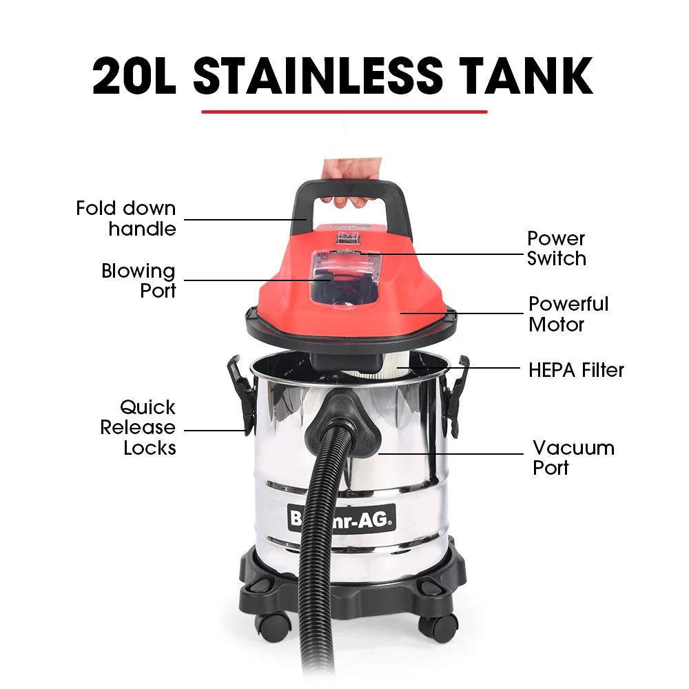 20L Cordless Wet & Dry Vacuum Cleaner Kit, with 4Ah battery and Charger, Blower, HEPA Filter, Accessories, Stainless Steel, for Car, Home, Garage