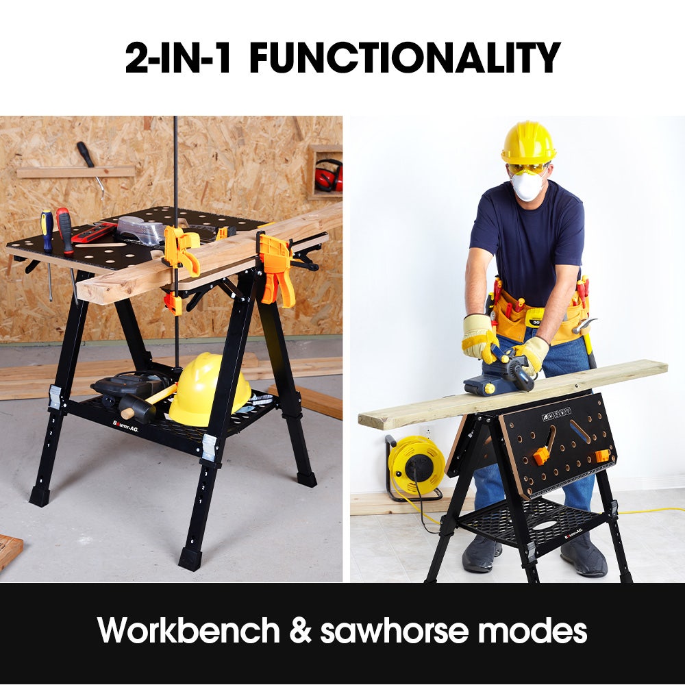 Portable Multifunction Workbench, 2-in-1 Worktable and Sawhorse, Height Adjustable, Expandable