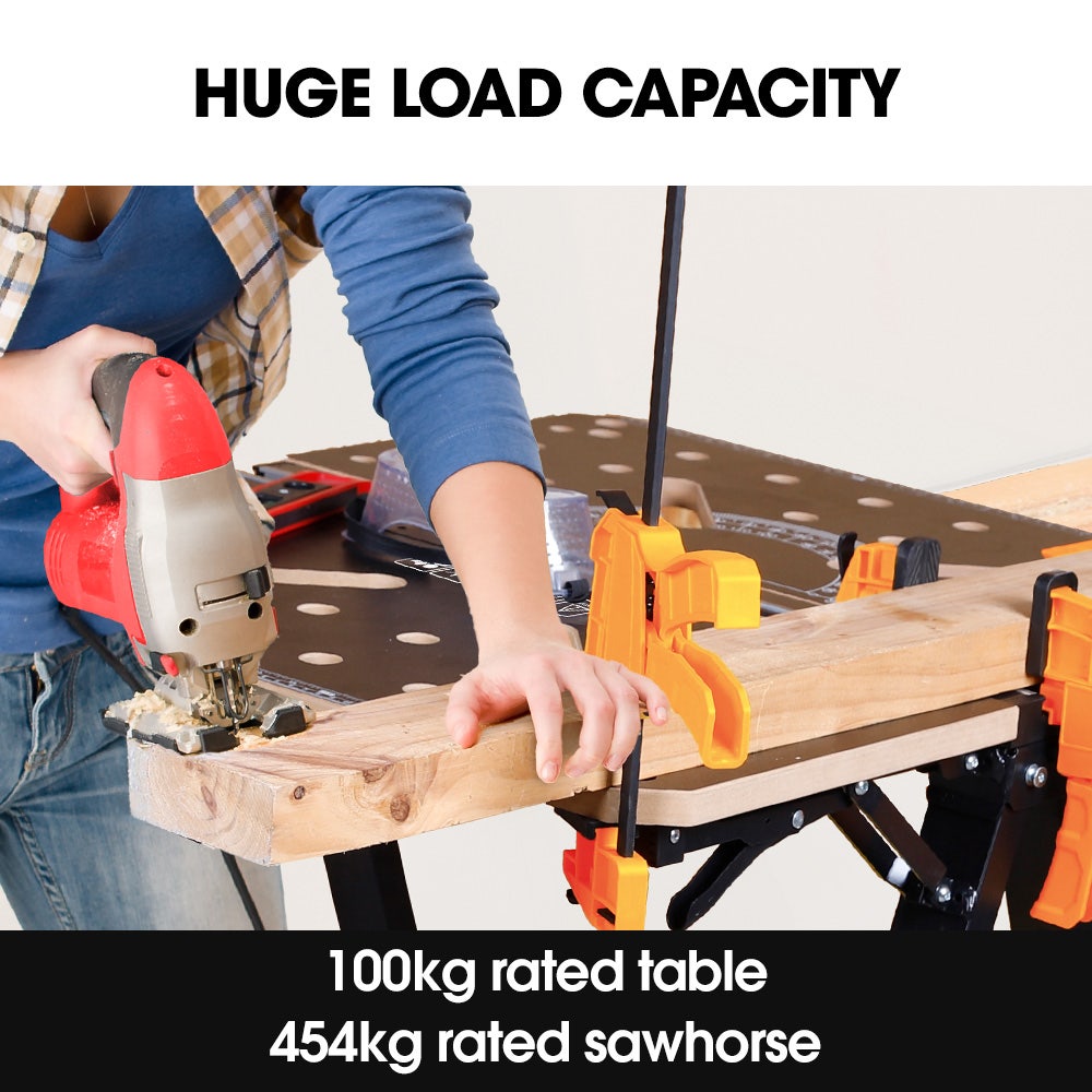 Portable Multifunction Workbench, 2-in-1 Worktable and Sawhorse, Height Adjustable, Expandable