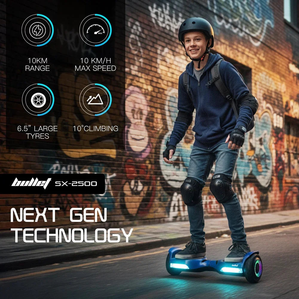 SX-2500 Hoverboard Scooter, 500W Brushless, UL Certified, AU Compliant, 6.5-inch Off-Road Style Tyres, Superior Self Balancing System, LED Lights, Blue