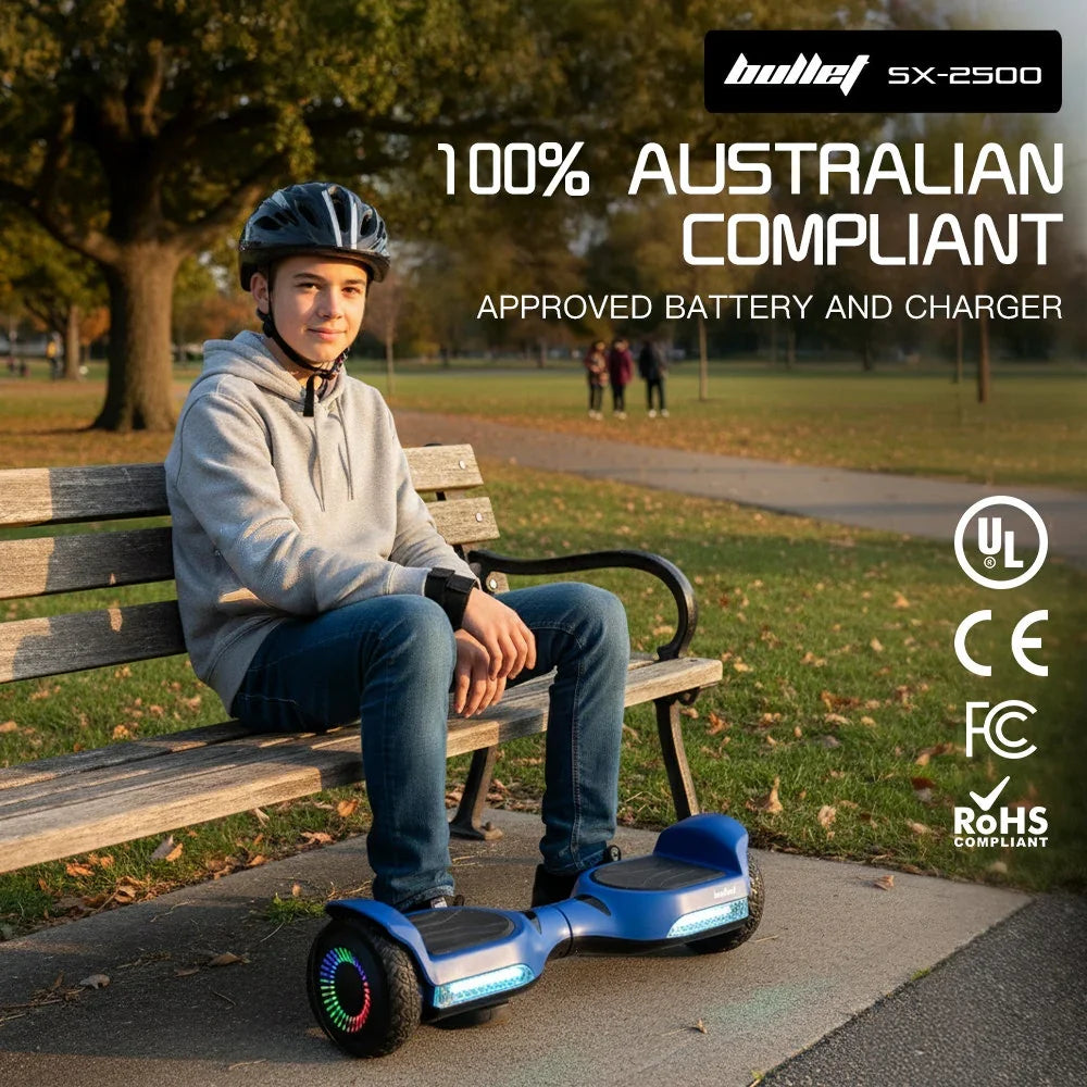 SX-2500 Hoverboard Scooter, 500W Brushless, UL Certified, AU Compliant, 6.5-inch Off-Road Style Tyres, Superior Self Balancing System, LED Lights, Blue