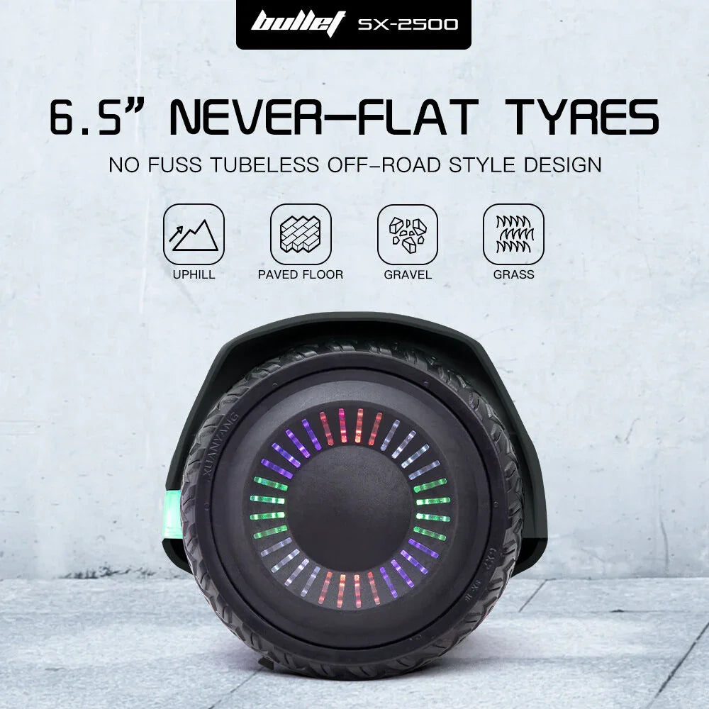 SX-2500 Hoverboard Scooter, 500W Brushless, UL Certified, AU Compliant, 6.5-inch Off-Road Style Tyres, Superior Self Balancing System, LED Lights, Black