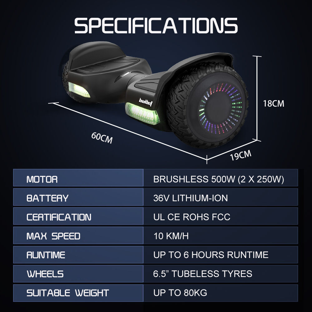 SX-2500 Hoverboard Scooter, 500W Brushless, UL Certified, AU Compliant, 6.5-inch Off-Road Style Tyres, Superior Self Balancing System, LED Lights, Black