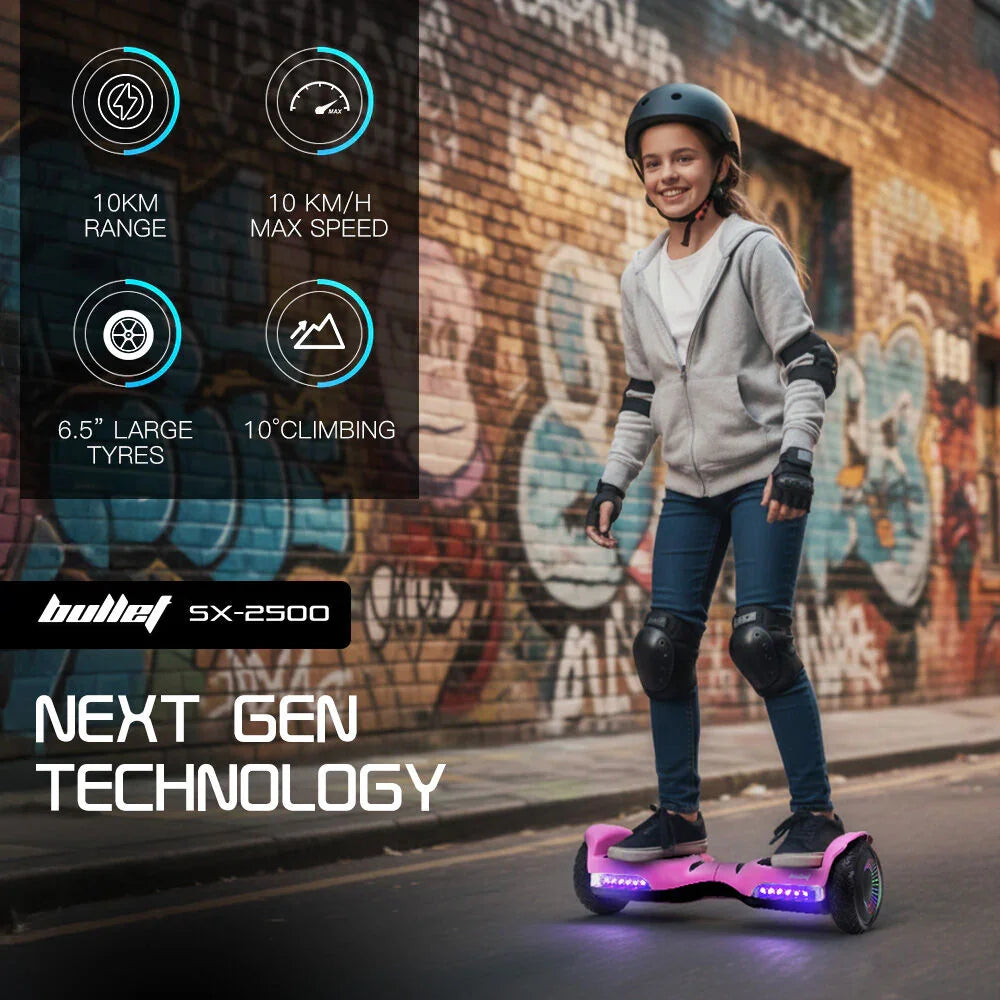 SX-2500 Hoverboard Scooter, 500W Brushless, UL Certified, AU Compliant, 6.5-inch Off-Road Style Tyres, Superior Self Balancing System, LED Lights, Pink