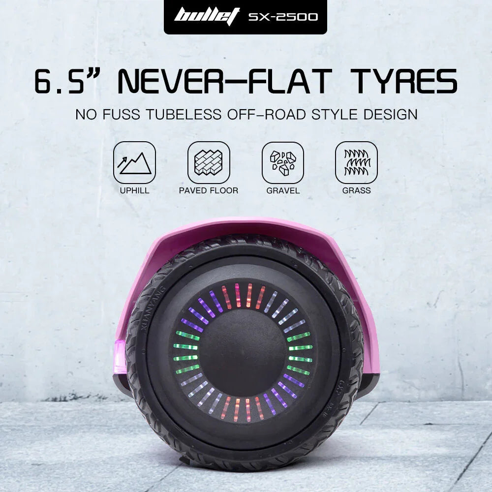 SX-2500 Hoverboard Scooter, 500W Brushless, UL Certified, AU Compliant, 6.5-inch Off-Road Style Tyres, Superior Self Balancing System, LED Lights, Pink
