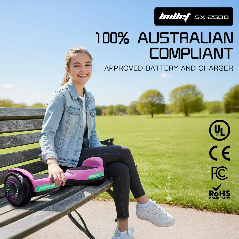 SX-2500 Hoverboard Scooter, 500W Brushless, UL Certified, AU Compliant, 6.5-inch Off-Road Style Tyres, Superior Self Balancing System, LED Lights, Pink