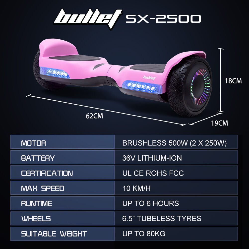 SX-2500 Hoverboard Scooter, 500W Brushless, UL Certified, AU Compliant, 6.5-inch Off-Road Style Tyres, Superior Self Balancing System, LED Lights, Pink