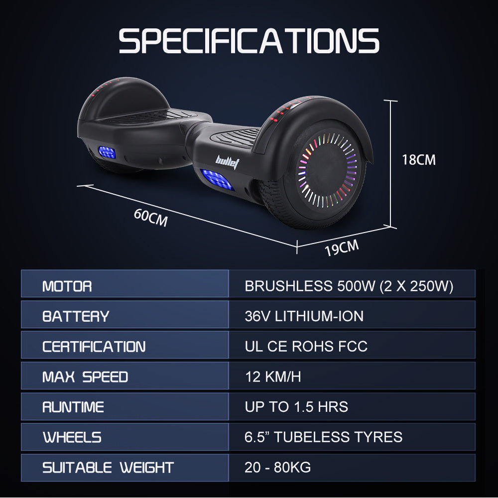 SX-2000 Hoverboard Scooter, 500W Brushless, Superior Self Balancing System, UL Certified, LED Lights, Black