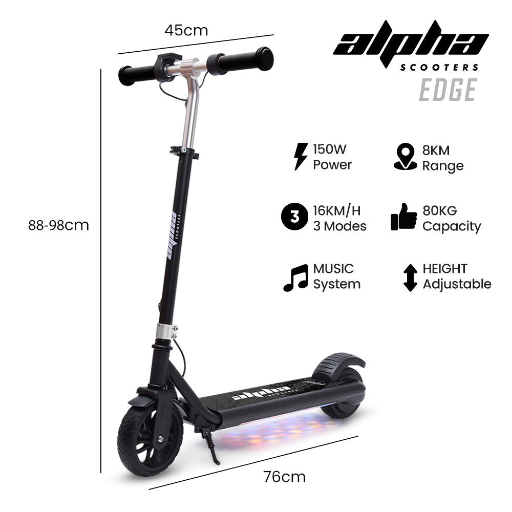 Alpha Edge Electric Scooter Kids & Teens 16km/h Bluetooth Speaker LED - Black
