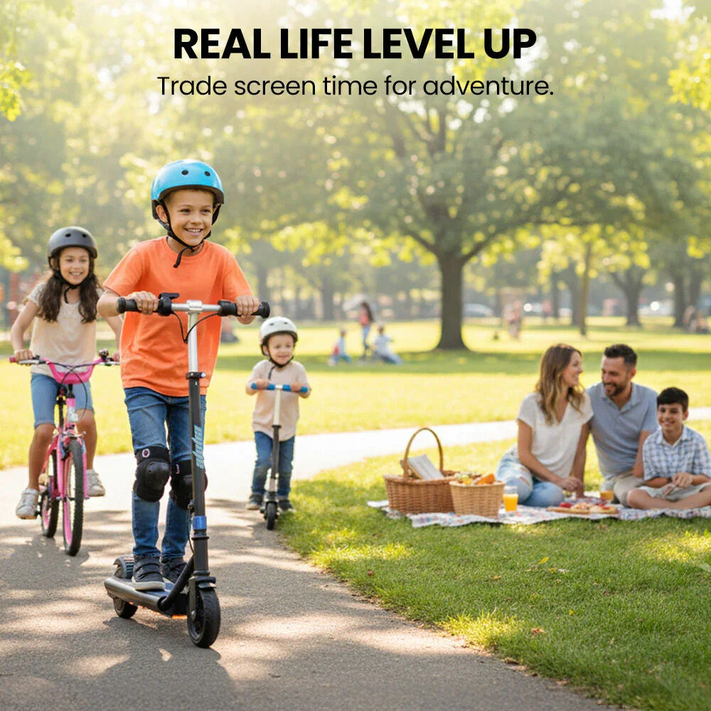 Edge Electric Scooter Kids/Teens, 16km/h Max, Adjustable Height, UL Certified, AU Compliant, Dual Brakes, Bluetooth Music, LED, Blue