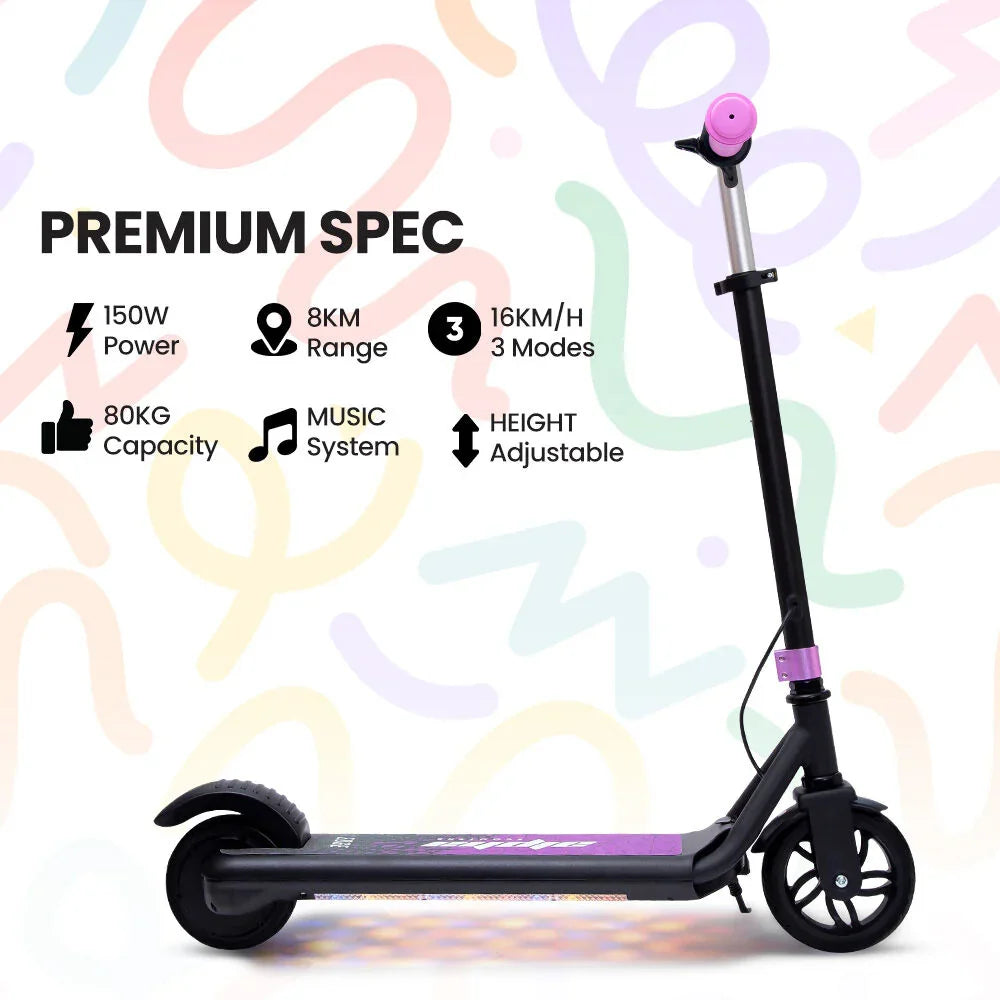 Edge Electric Scooter Kids/Teens, 16km/h Max, Adjustable Height, UL Certified, AU Compliant, Dual Brakes, Bluetooth Music, LED, Pink