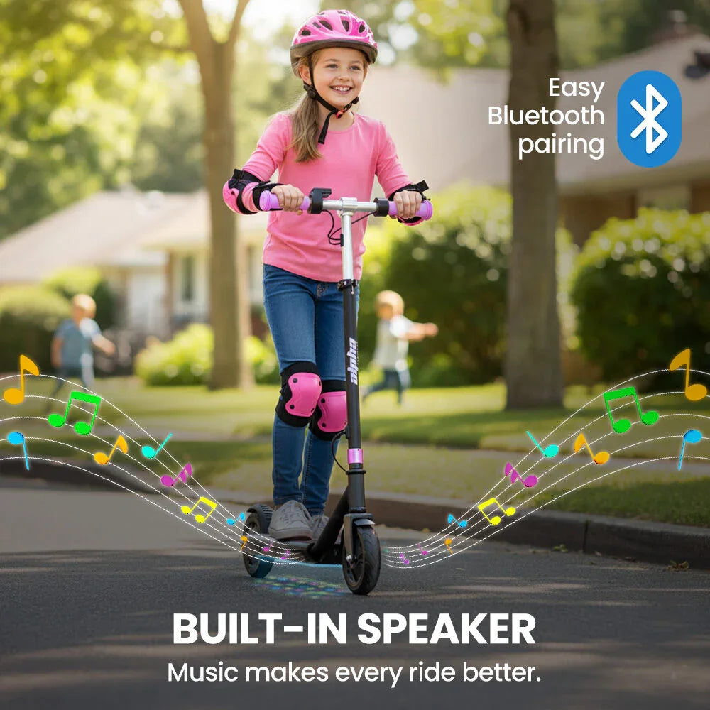Edge Electric Scooter Kids/Teens, 16km/h Max, Adjustable Height, UL Certified, AU Compliant, Dual Brakes, Bluetooth Music, LED, Pink