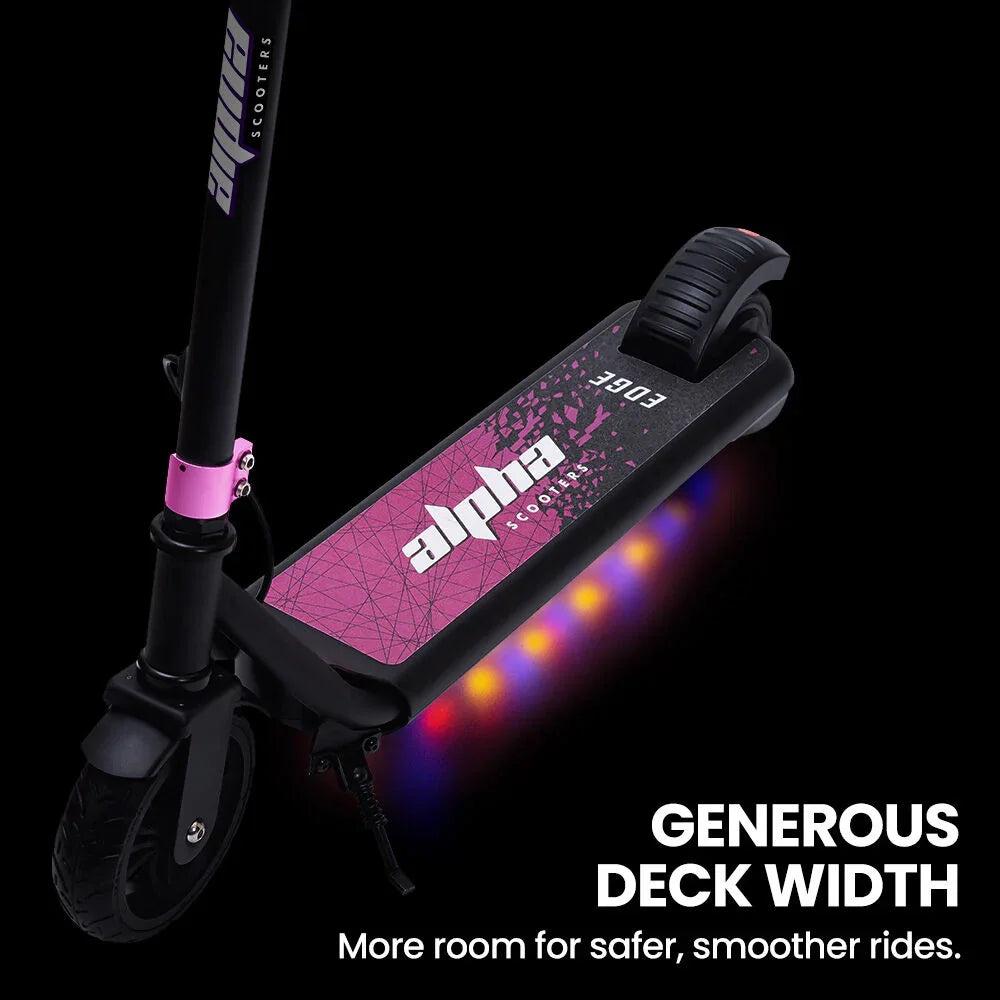 Edge Electric Scooter Kids/Teens, 16km/h Max, Adjustable Height, UL Certified, AU Compliant, Dual Brakes, Bluetooth Music, LED, Pink