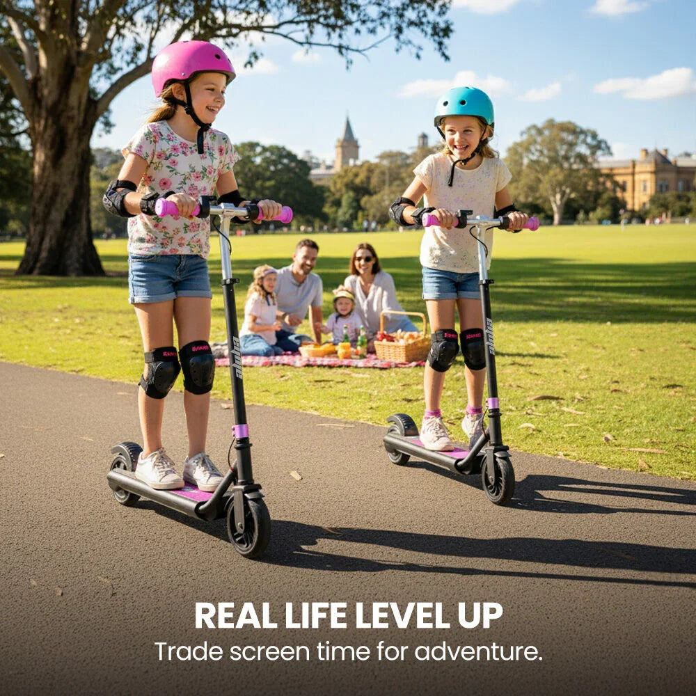Edge Electric Scooter Kids/Teens, 16km/h Max, Adjustable Height, UL Certified, AU Compliant, Dual Brakes, Bluetooth Music, LED, Pink